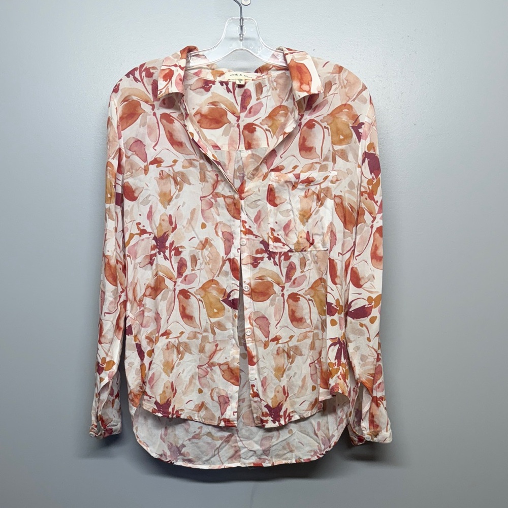 Cloth & Stone Anthropologie Floral Blouse Boho ButtonFront Lightweight Cream Top